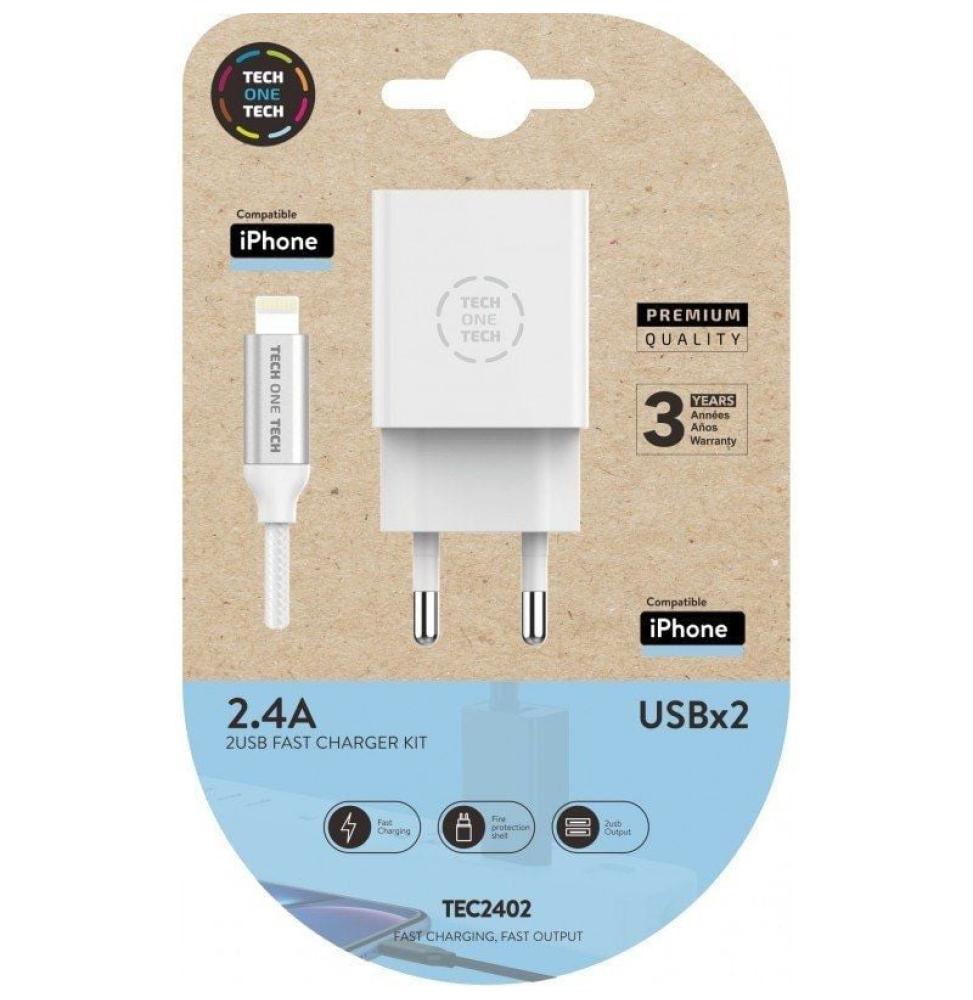 Cargador de Pared Tech One Tech TEC2402/ 2xUSB + Cable Lightning/ 2.4A/ Blanco