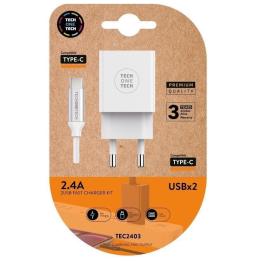 Cargador de Pared Tech One Tech TEC2403/ 2xUSB + Cable USB Tipo-C/ 2.4A/ Blanco