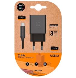 Cargador de Pared Tech One Tech TEC2423/ 2xUSB + Cable USB Tipo-C/ 2.4A/ Negro