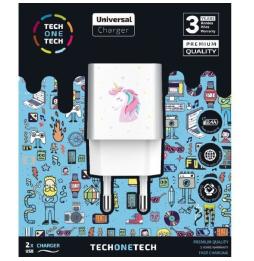 Cargador de Pared Tech One Tech Unicornio Dream/ 2xUSB/ 2.4A/ Blanco