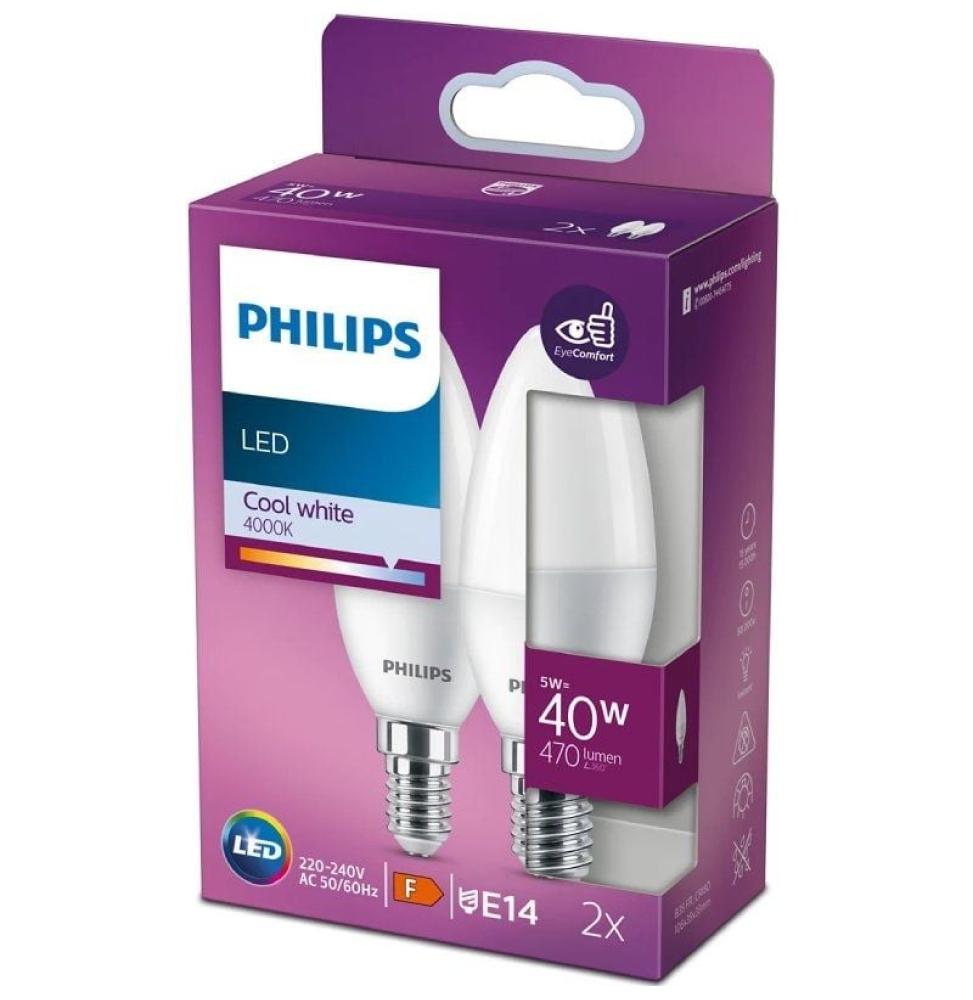 Bombilla Led Philips LED/ Casquillo E14/ 4.9W/ 470 Lúmenes/ 4000K/ Pack de 2 Uds