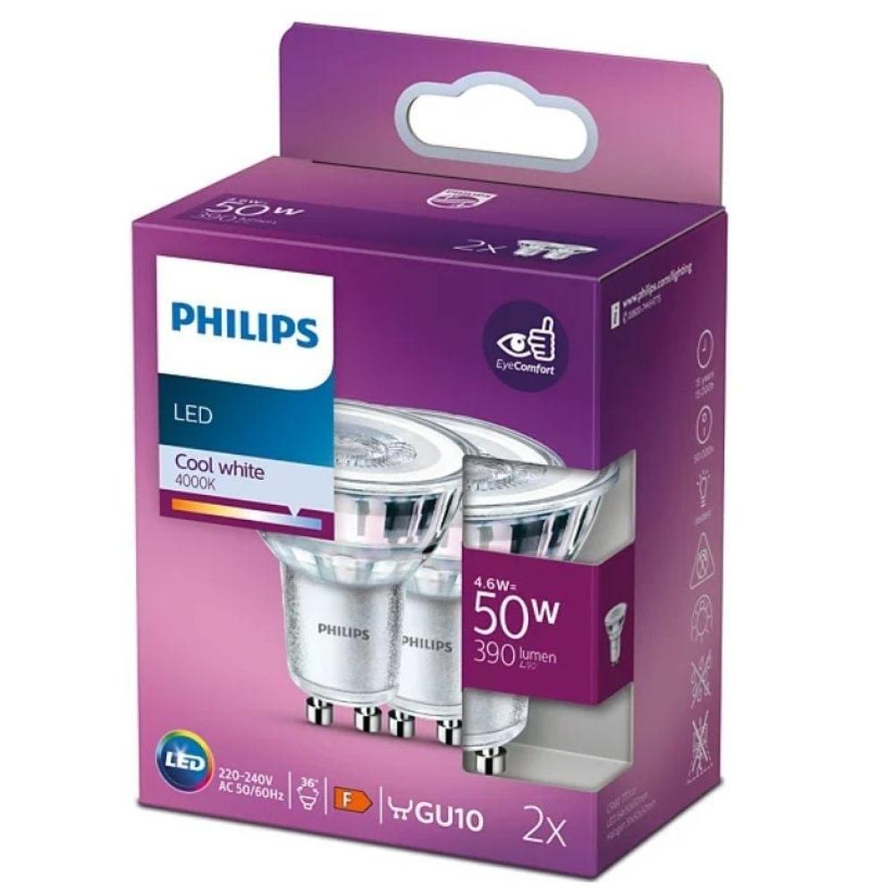 Bombilla Led Philips LED Classic/ Casquillo GU10/ 4.6W/ 390 Lúmenes/ 4000K/ Pack de 2 Uds