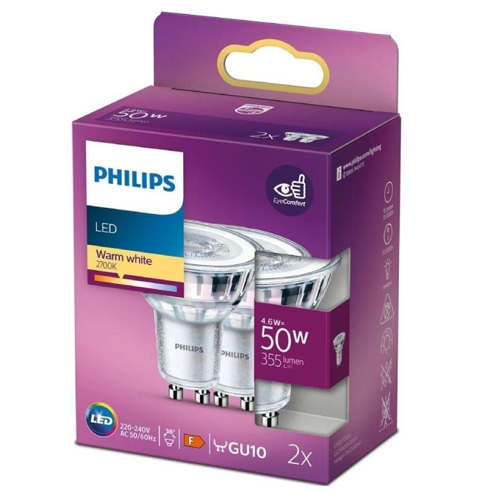 Bombilla Led Philips LED Classic/ Casquillo GU10/ 4.6W/ 355 Lúmenes/ 2700K/ Pack de 2 Uds