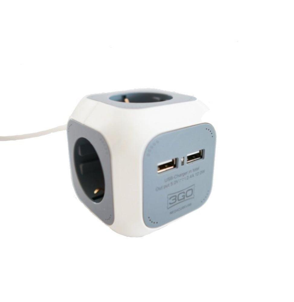 Regleta 3GO REG4CUBEUSB/ 4 Tomas de corriente/ 2 USB/ Cable 1.4m/ Blanca y Gris