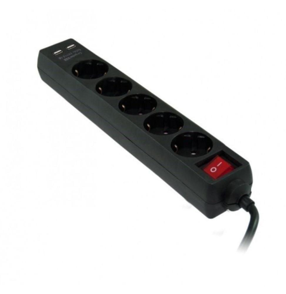 Regleta con interruptor 3GO REG5USB/ 5 Tomas de corriente/ 2 USB/ Cable 1.5m/ Negra