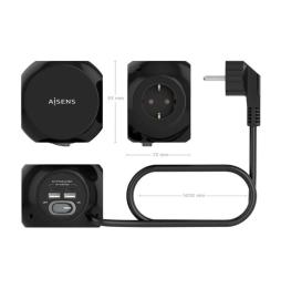 Regleta con Interruptor Aisens ASPS-2A2C05-BK/ 3 Tomas de Corriente/ 2 USB Tipo-C/ 2 USB/ Cable 1.4m/ Negro