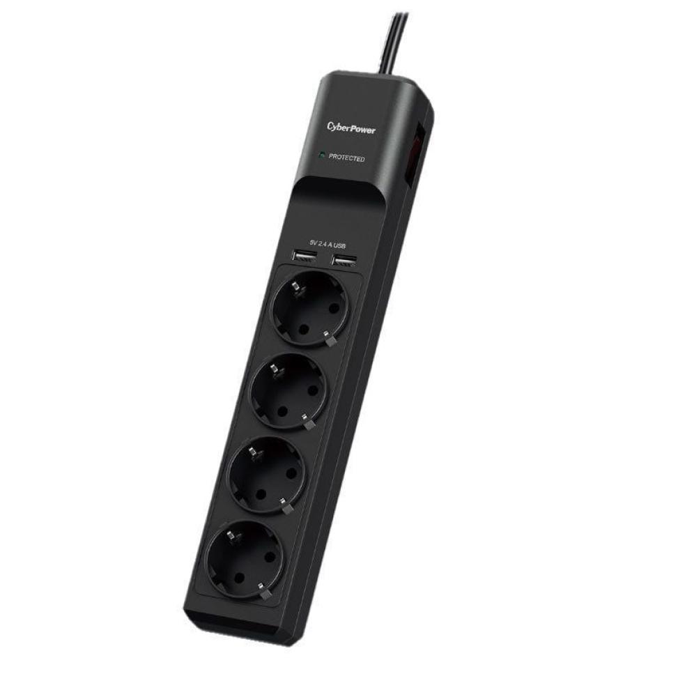 Regleta con interruptor Cyberpower P0420SUD0-DE/ 4 Tomas de corriente/ 2 USB/ Cable 1.8m/ Negra