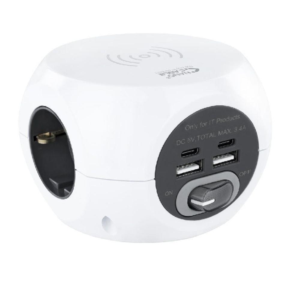 Regleta Nanocable 10.37.0002 con Carga inalámbrica/ 3 Tomas de corriente/ 2 USB A - 2 USB Tipo C/ Cable 1.4m/ Blanca