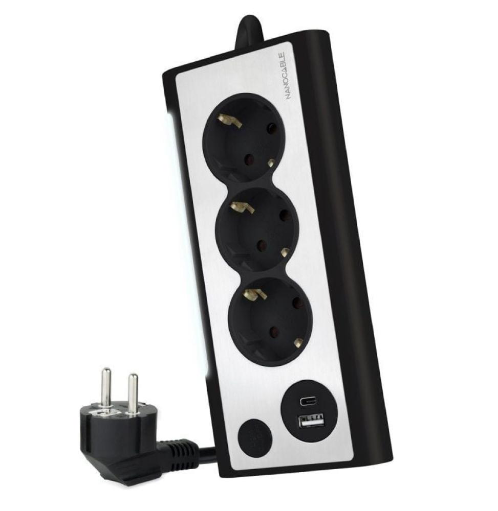 Regleta con Interruptor Nanocable 10.37.0013-BK/ 3 Tomas de Corriente/ 1 USB/ 1 USB Tipo C/ Cable 1.5m/ Negro