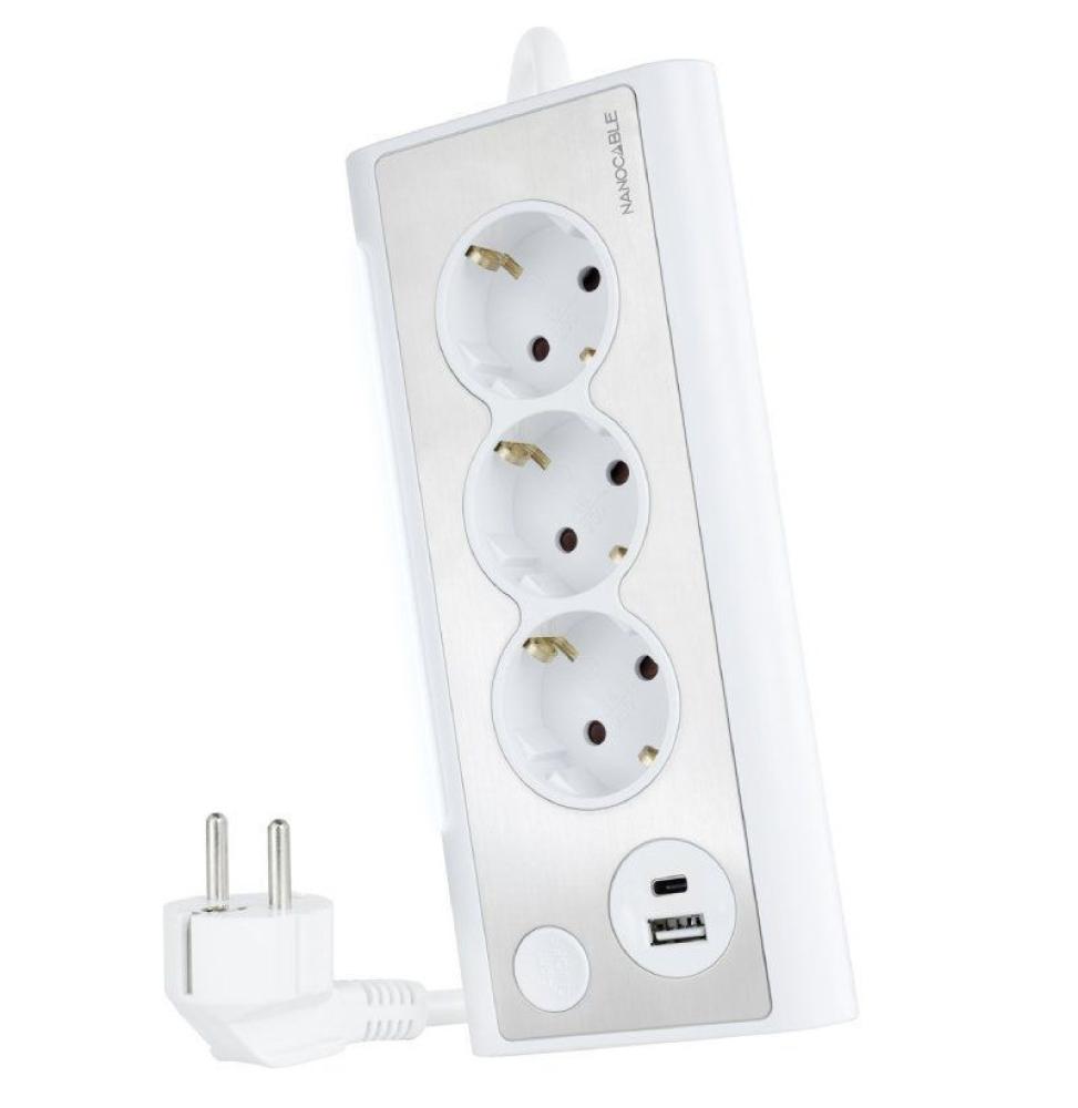 Regleta con Interruptor Nanocable 10.37.0013-W/ 3 Tomas de Corriente/ 1 USB/ 1 USB Tipo-C/ Cable 1.5m/ Blanca