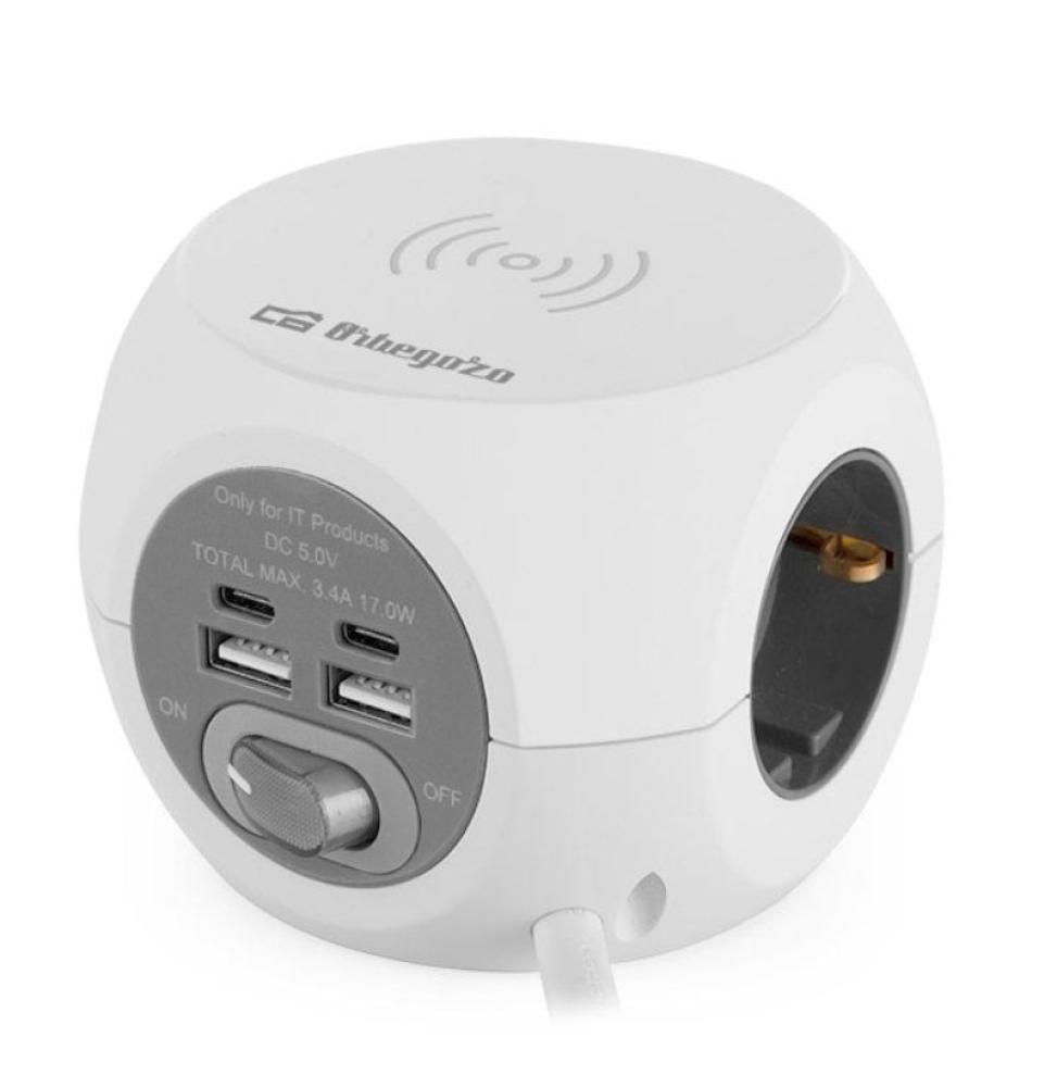 Regleta Orbegozo EN 4500 con Carga inalámbrica/ 3 Tomas de corriente/ 2 USB - 2 USB Tipo C/ Cable 1.5m/ Blanca y Gris