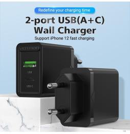 Cargador de Pared Vention FBBB0-EU/ 1xUSB Tipo-C/ 1xUSB/ 20W