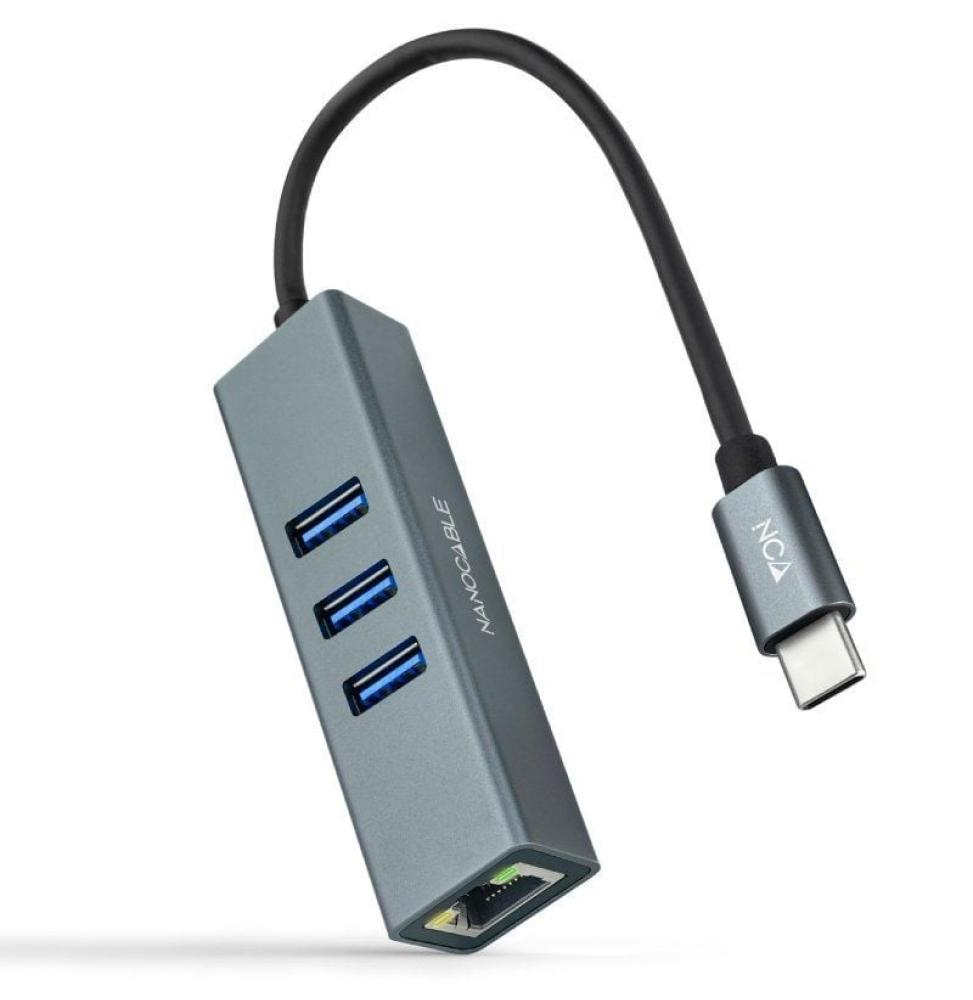 Hub USB Tipo-C Nanocable 10.03.0408/ 3xUSB/ 1xRJ45/ Gris