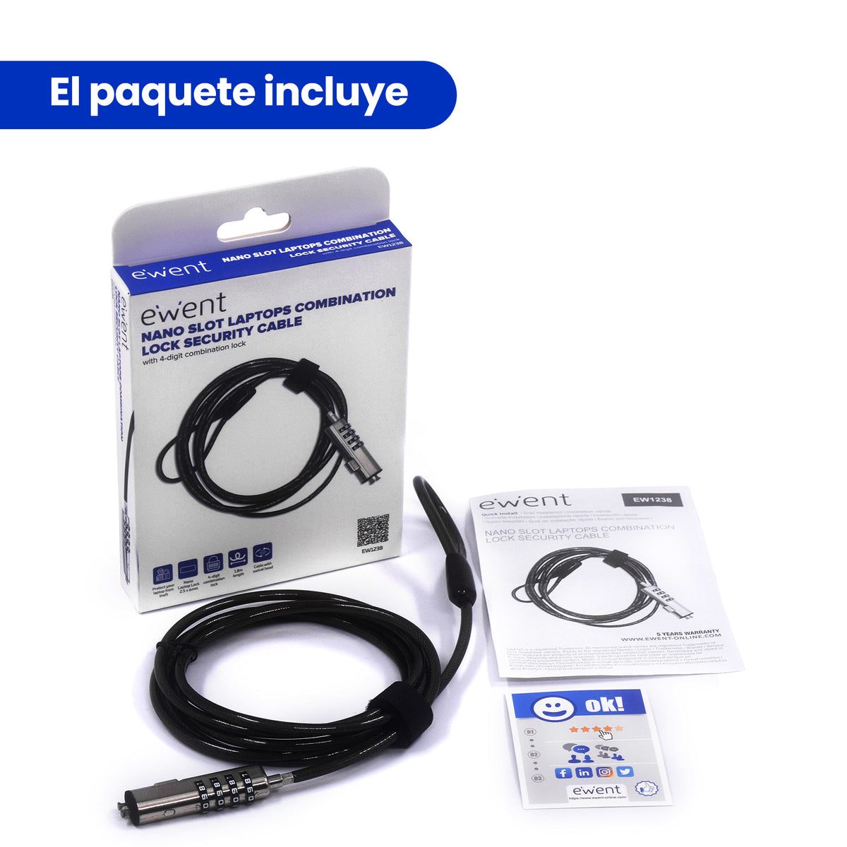 Cable de seguridad Ewent para portatil · combinacion 4 digitos 1.8m