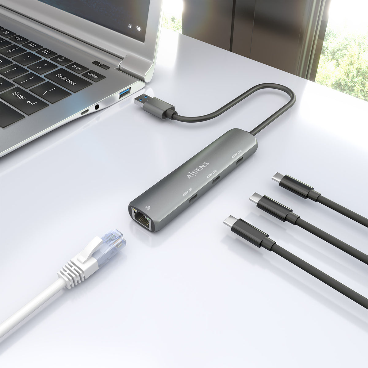 Hub USB Aisens ASUC-4P037-GR/ 3xUSB Tipo-C/ 1xRJ45/ Gris