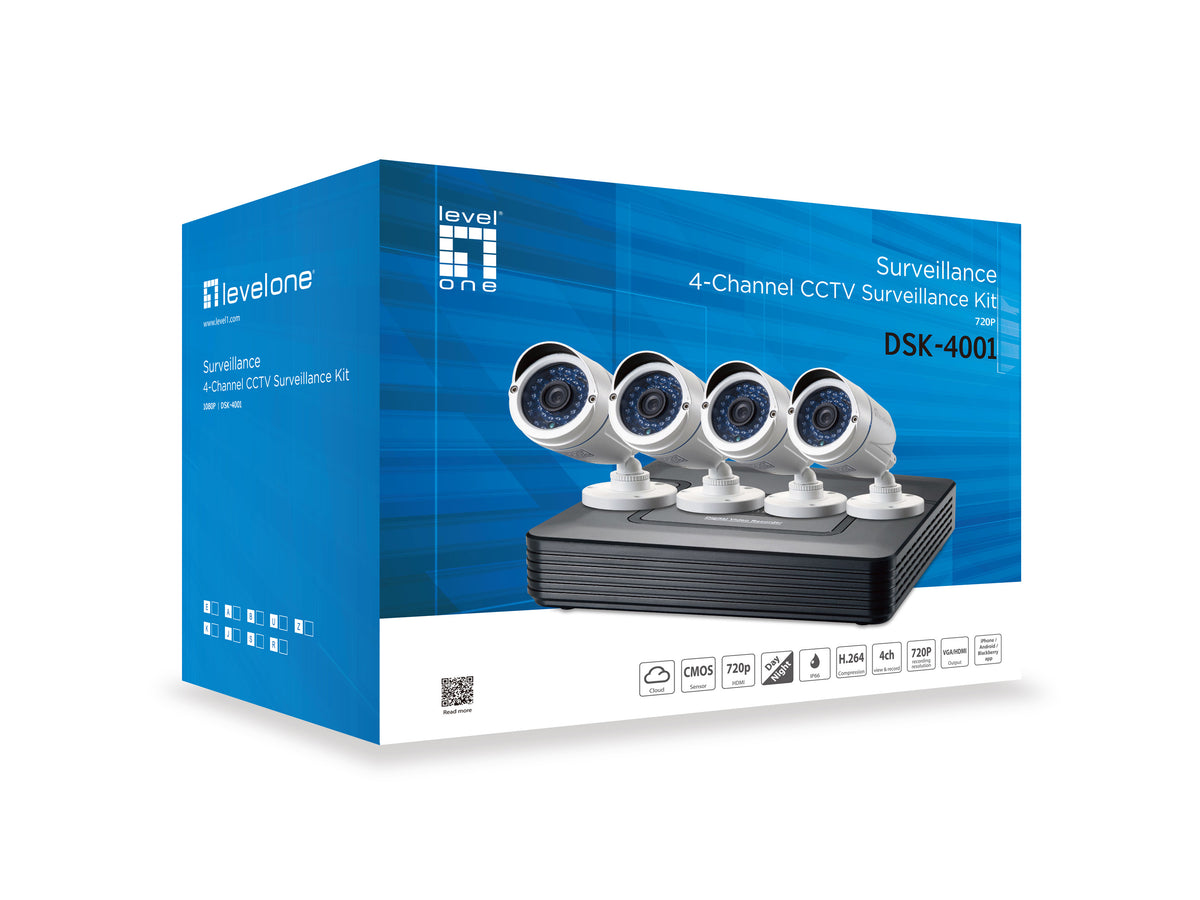 Kit videovigilancia 720p cctv level one 4 canales 4 camaras int - ext + grabador cables iluminacion LED (sin hd)