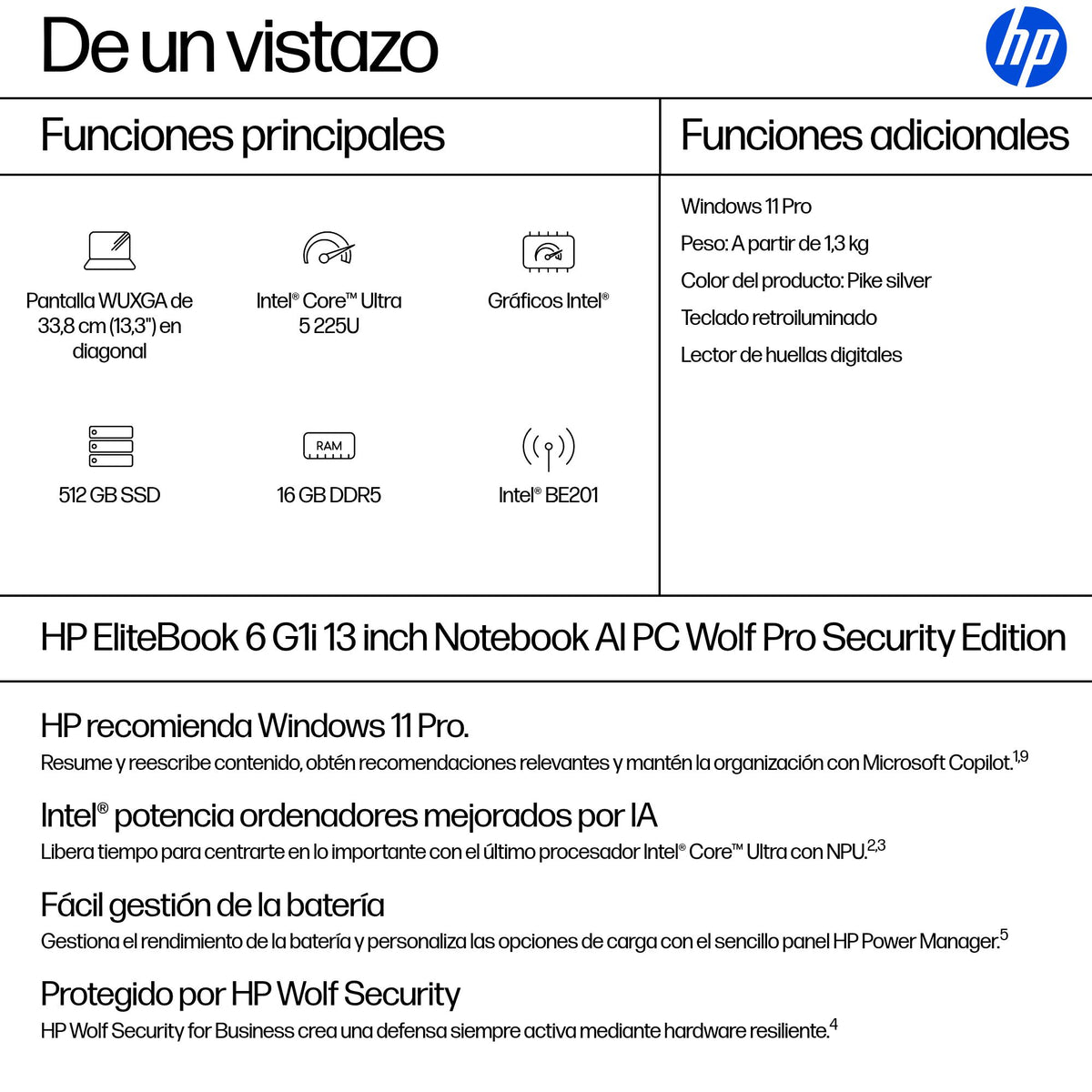 Portatil Hp elitebook 6 g1i AI 13.3 pulgadas ultra 5 - 225u · 16GB · SSD 512GB · W11P