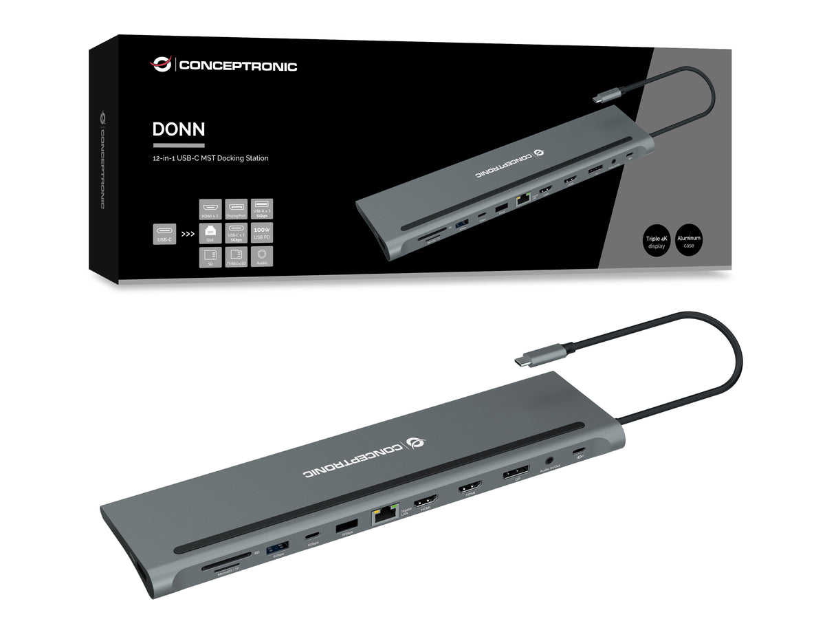 Docking station Conceptronic USB tipo c donn17g 2 x HDMI · 1 x dp · 2 x USB 3.0 · 1 x USB 2.0 · 1 x RJ45 · 1 x aux · lec