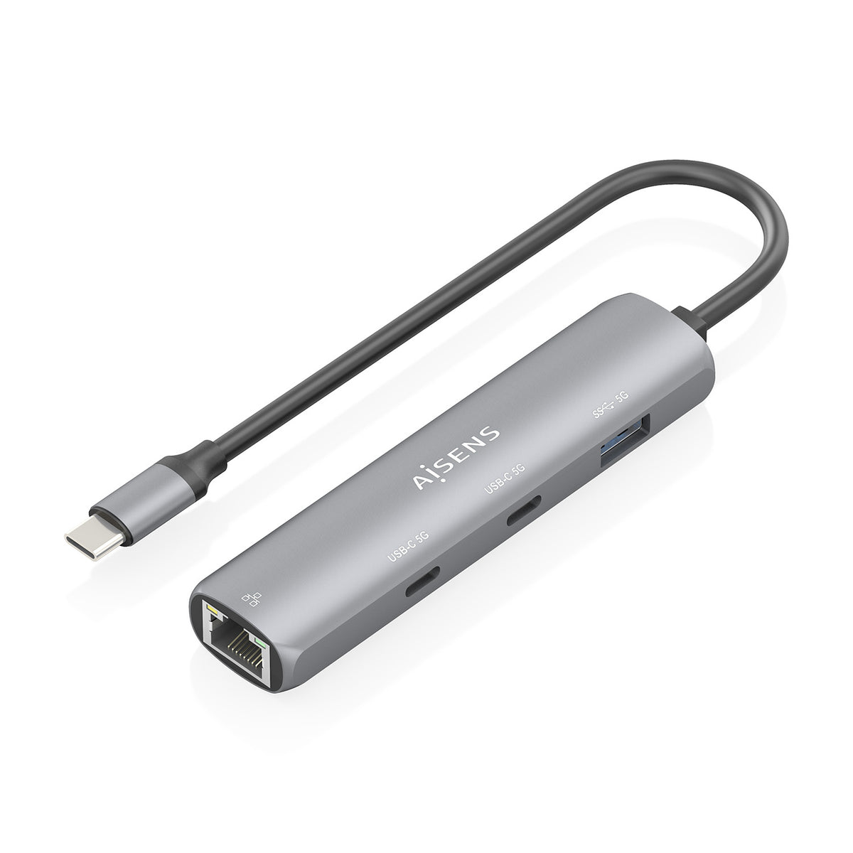 Hub USB Tipo-C Aisens ASUC-4P040-GR/ 2xUSB Tipo-C/ 1xUSB/ 1xRJ45/ Gris