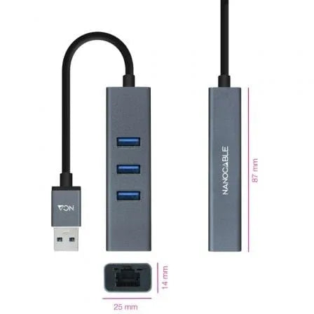 Hub USB 3.0 Nanocable 10.03.0407/ 3xUSB/ 1xRJ45/ Gris - PixelPlaza