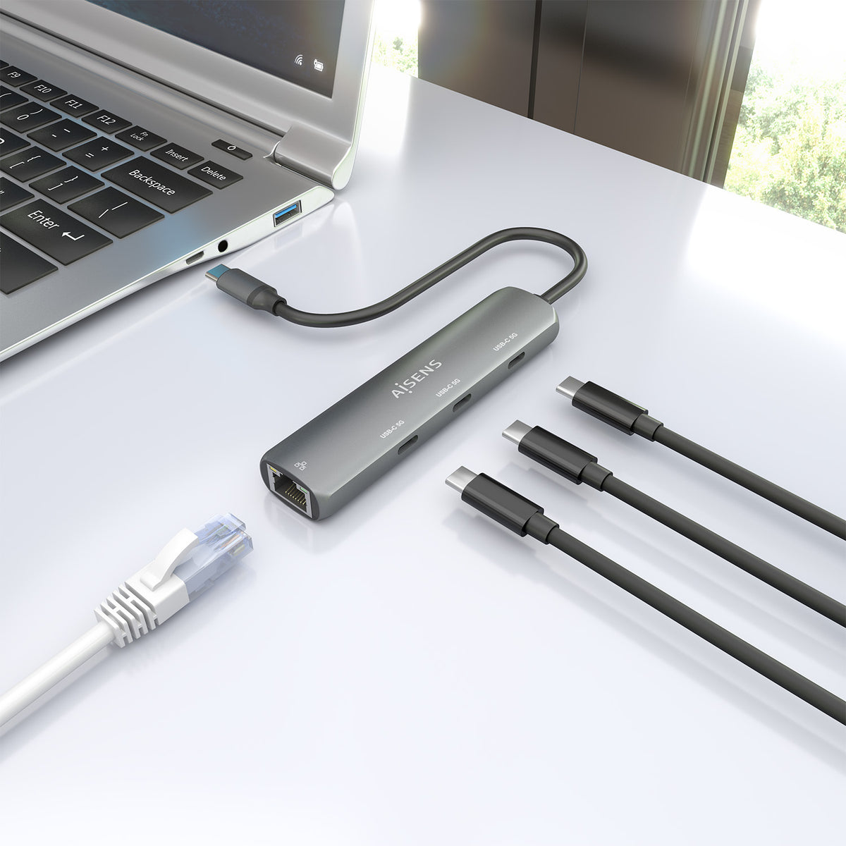 Hub USB Tipo-C Aisens ASUC-4P041-GR/ 3xUSB Tipo-C/ 1xRJ45/ Gris