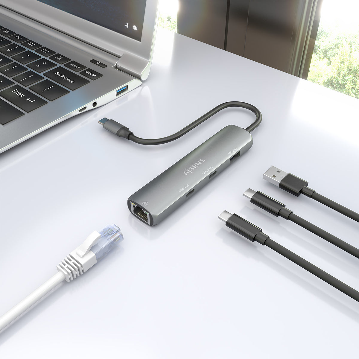 Hub USB Tipo-C Aisens ASUC-4P040-GR/ 2xUSB Tipo-C/ 1xUSB/ 1xRJ45/ Gris