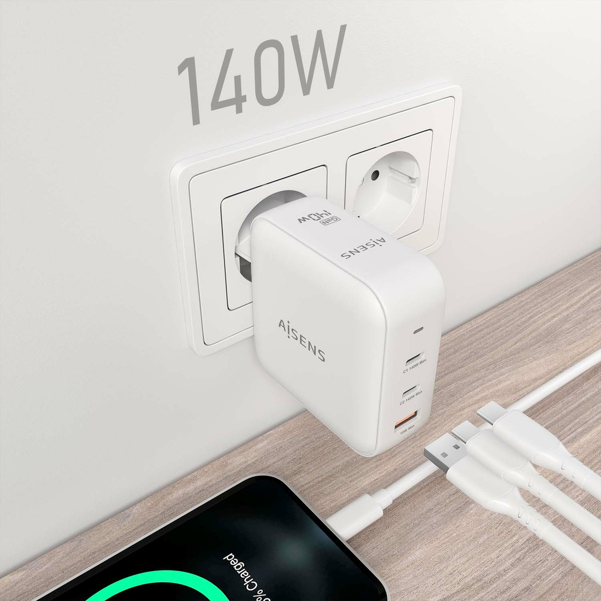Cargador de Pared GaN Aisens ASCH-140W3P030-W/ 2xUSB Tipo-C/ 1xUSB/ 140W