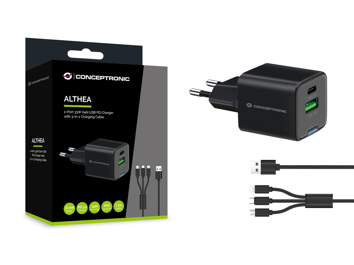Cargador de pared Conceptronic althea16b 33w + cable USB 3.0 3 en 1