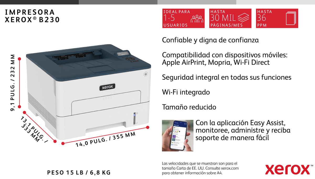 Impresora Xerox laser b230v_dni monocromo a4 · 34ppm red · WiFi