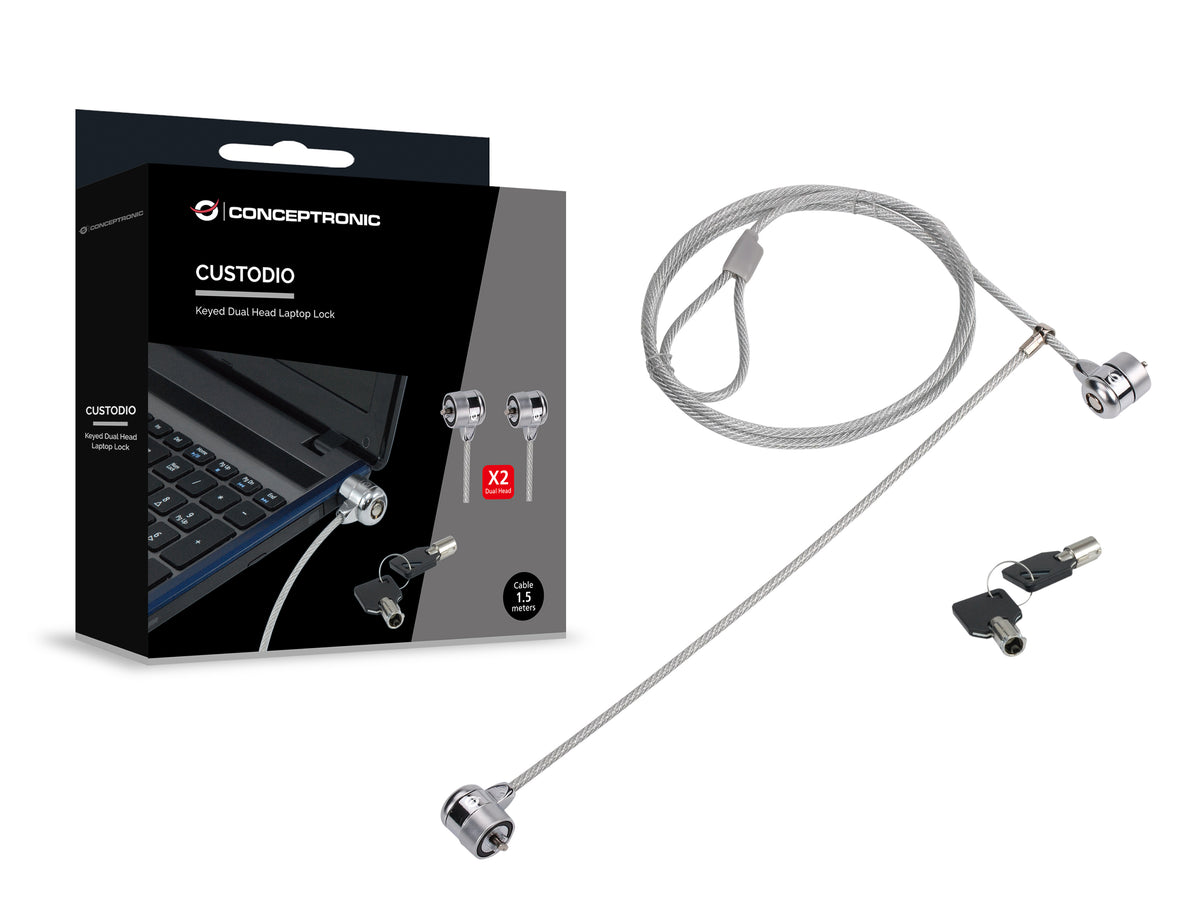 Cable seguridad para portatiles 1.5m Conceptronic doble cabezal + llave