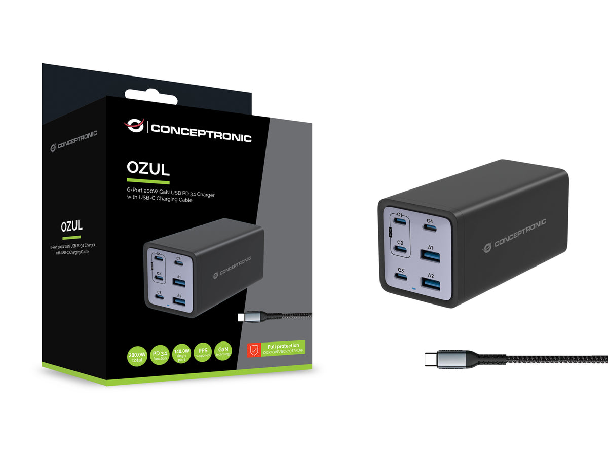 Cargador Conceptronic ozul06be 200w + cable USB tipo c