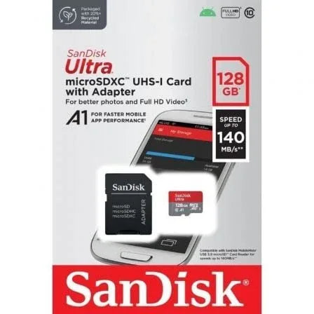Tarjeta de Memoria SanDisk Ultra 128GB microSD XC con Adaptador/ Clase 10/ 140MBs - PixelPlaza