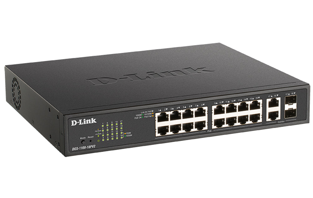 Switch semigestionable D-Link DGS-1100-18PV2 16P giga POE + 2P combo giga/sfp 130W POE rack