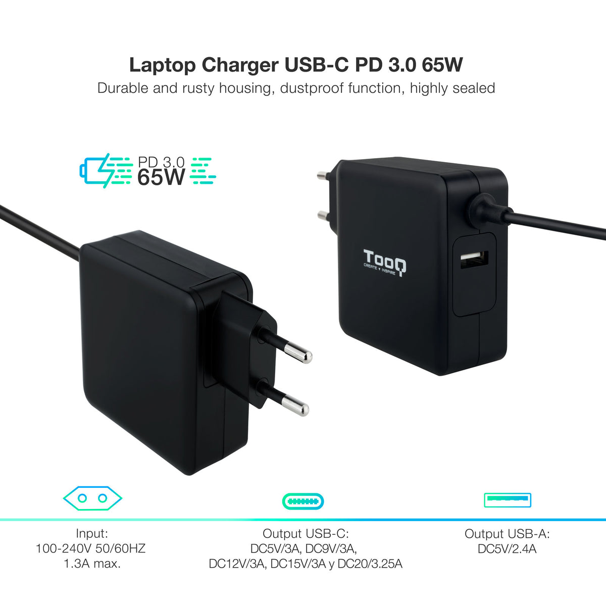 Cargador portatil Tooq tqlc - usbc65pd 65w USB tipo c negro power delivery 3.0
