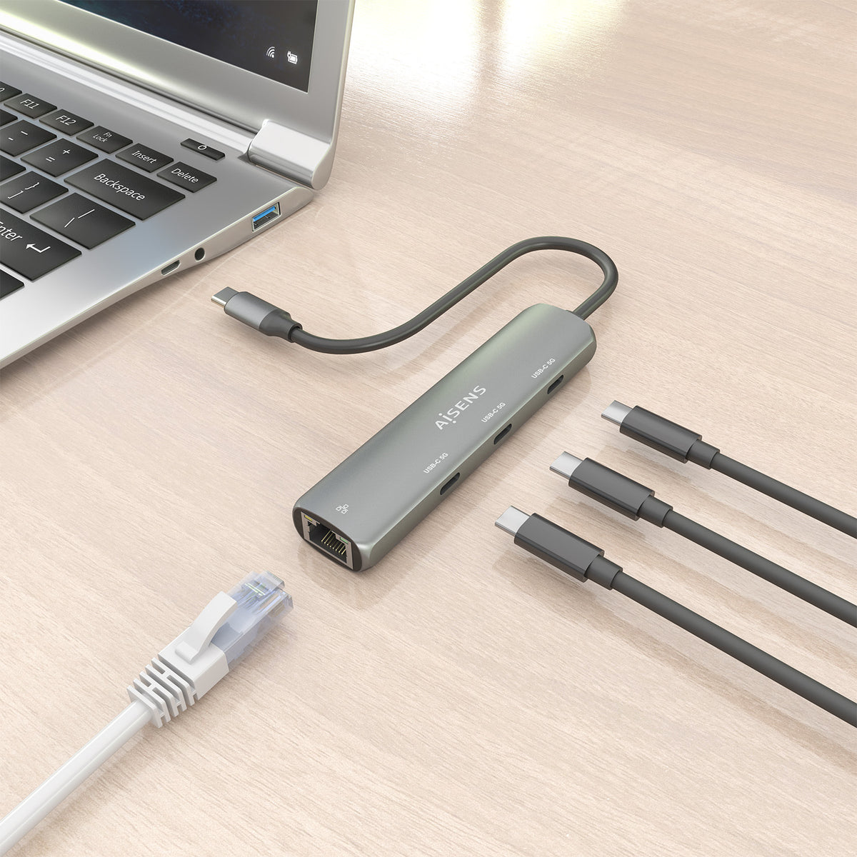 Hub USB Tipo-C Aisens ASUC-4P041-GR/ 3xUSB Tipo-C/ 1xRJ45/ Gris