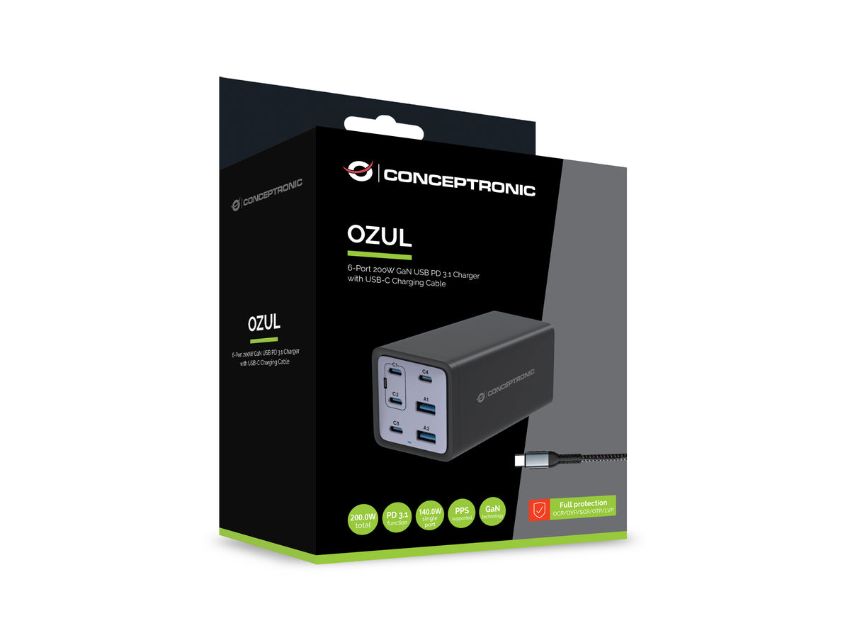 Cargador Conceptronic ozul06be 200w + cable USB tipo c