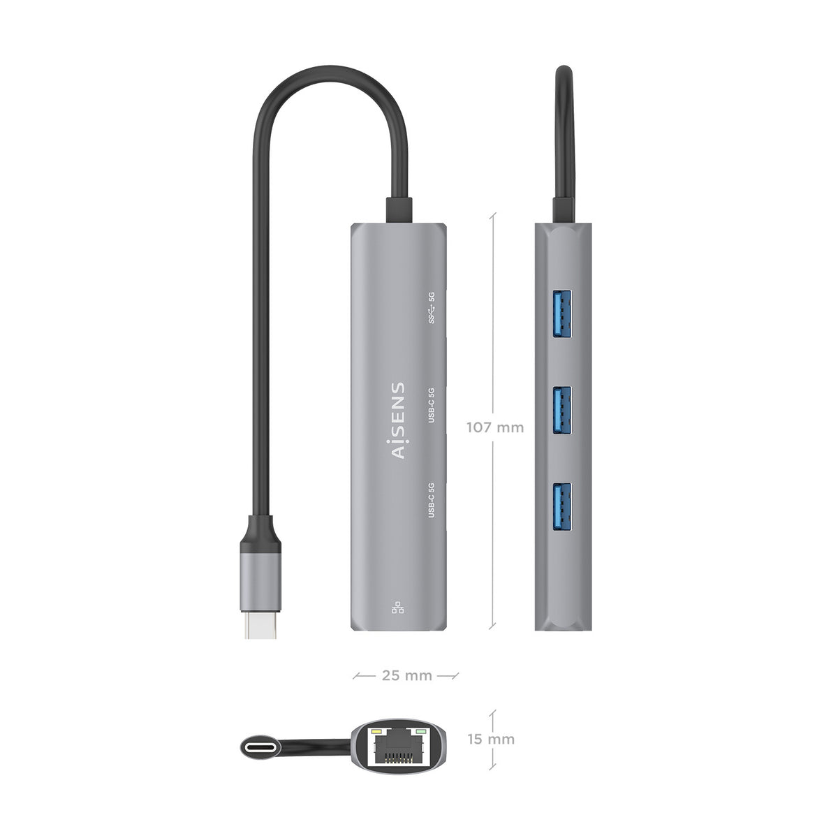 Hub USB Tipo-C Aisens ASUC-4P040-GR/ 2xUSB Tipo-C/ 1xUSB/ 1xRJ45/ Gris