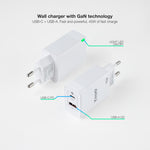 Cargador de pared Tooq doble USB - c + USB a blanco 45w gan