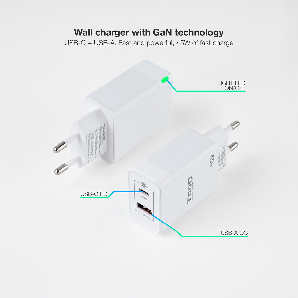Cargador de pared Tooq doble USB - c + USB a blanco 45w gan
