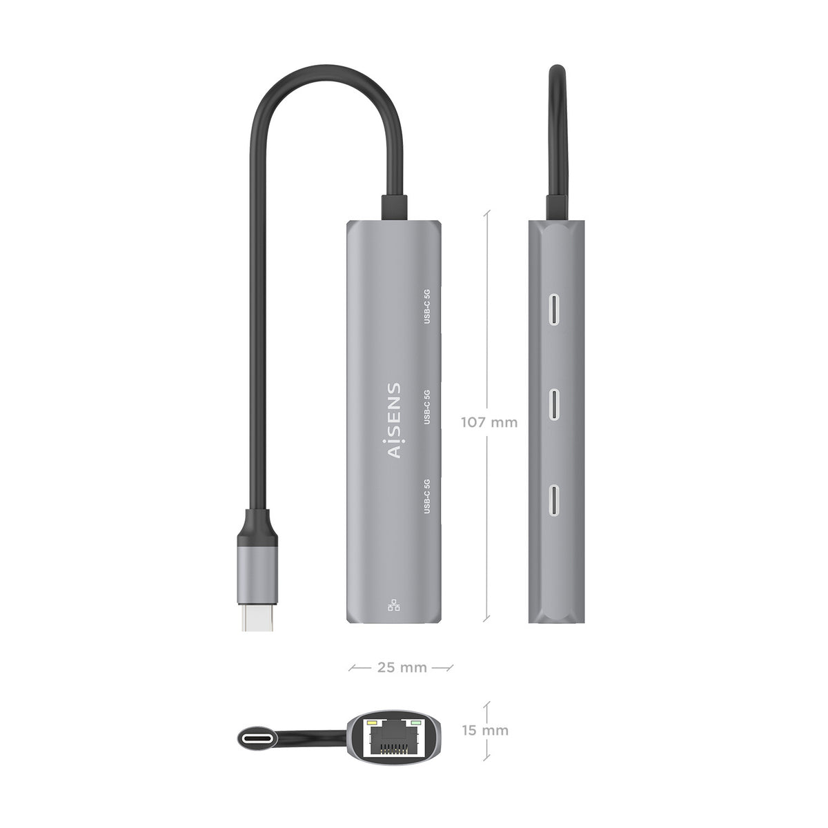 Hub USB Tipo-C Aisens ASUC-4P041-GR/ 3xUSB Tipo-C/ 1xRJ45/ Gris