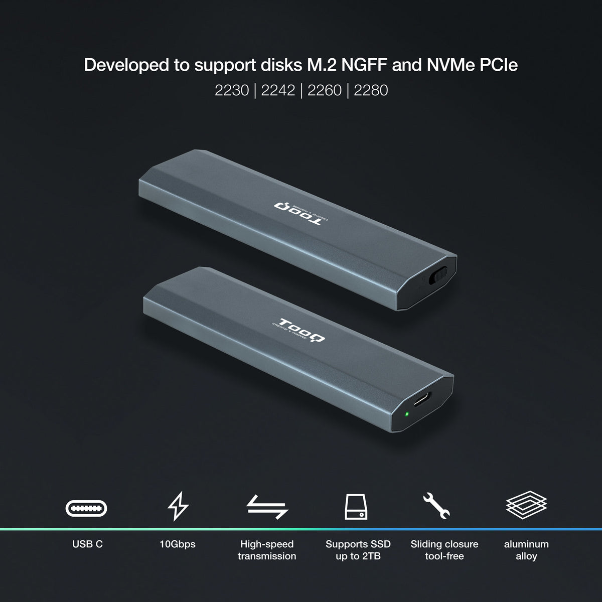 Caja Externa para Disco SSD M.2 NVMe TooQ TQE-2223G/ USB 3.2/ Sin tornillos