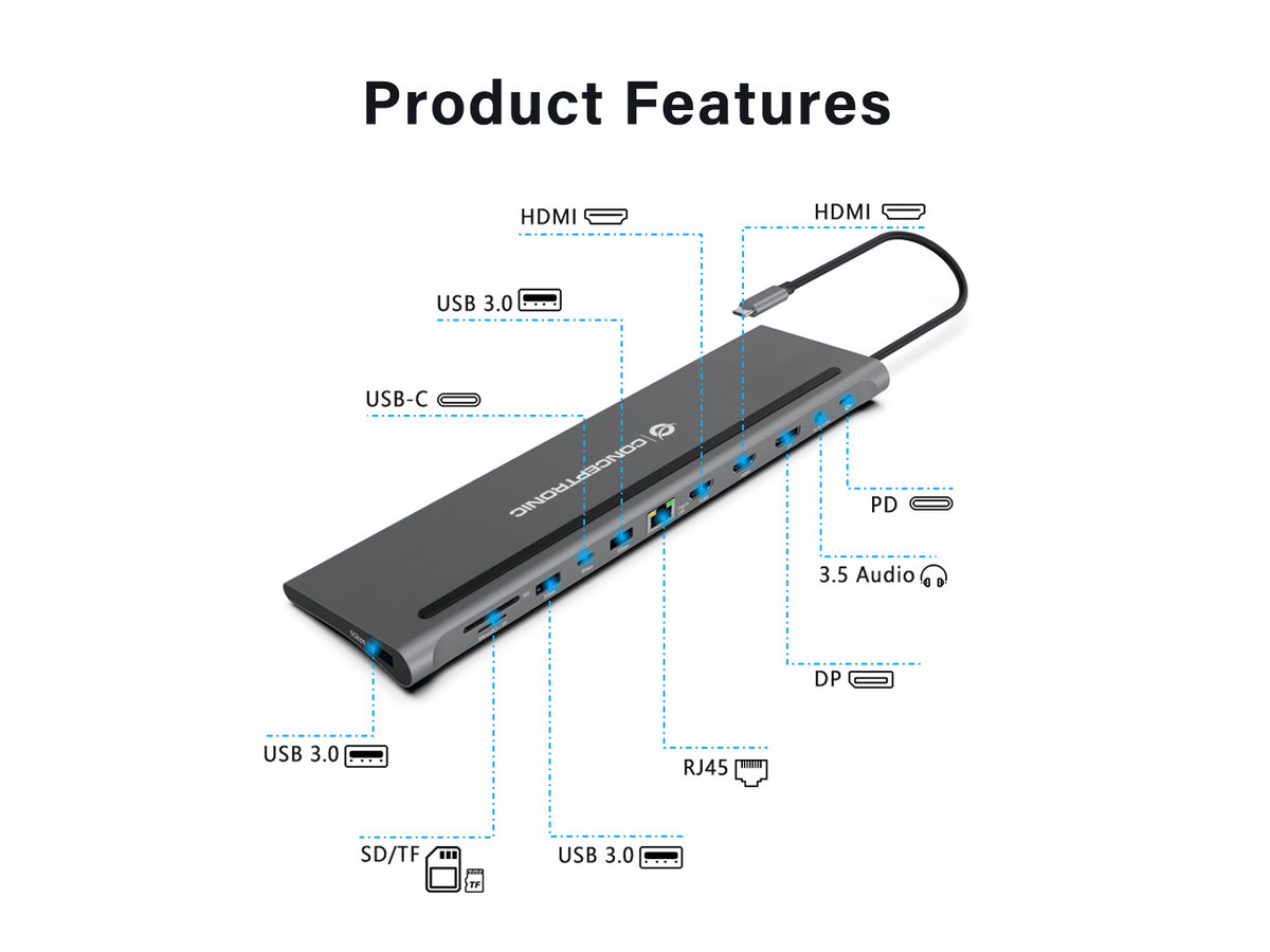 Docking station Conceptronic USB tipo c donn17g 2 x HDMI · 1 x dp · 2 x USB 3.0 · 1 x USB 2.0 · 1 x RJ45 · 1 x aux · lec
