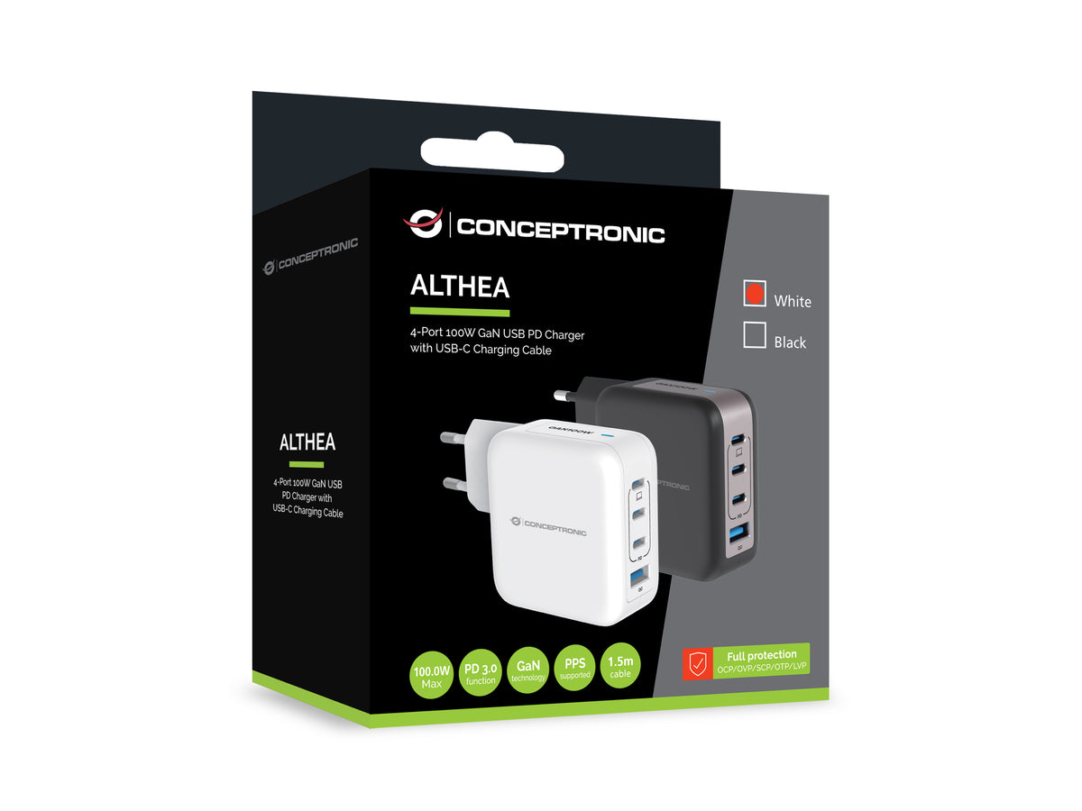 Cargador de pared Conceptronic althea18w 100w + cable USB tipo c blanco