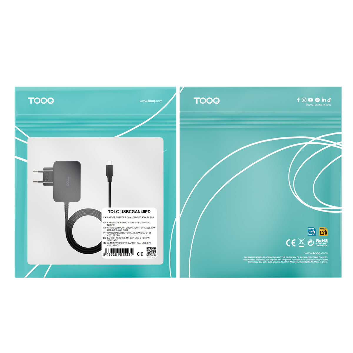 Cargador pared tooq tqlc - usbcgan45pd 45w usb