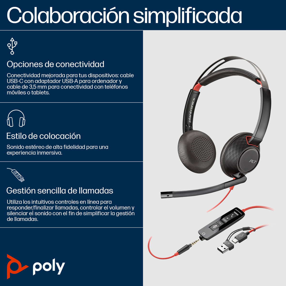 Auriculares Poly Blackwire 5220 USB-C + 3.5 mm + Adaptador USB-C/A/ con Micrófono/ Jack 3.5 - USB Tipo-C/ Bulk/ Negros