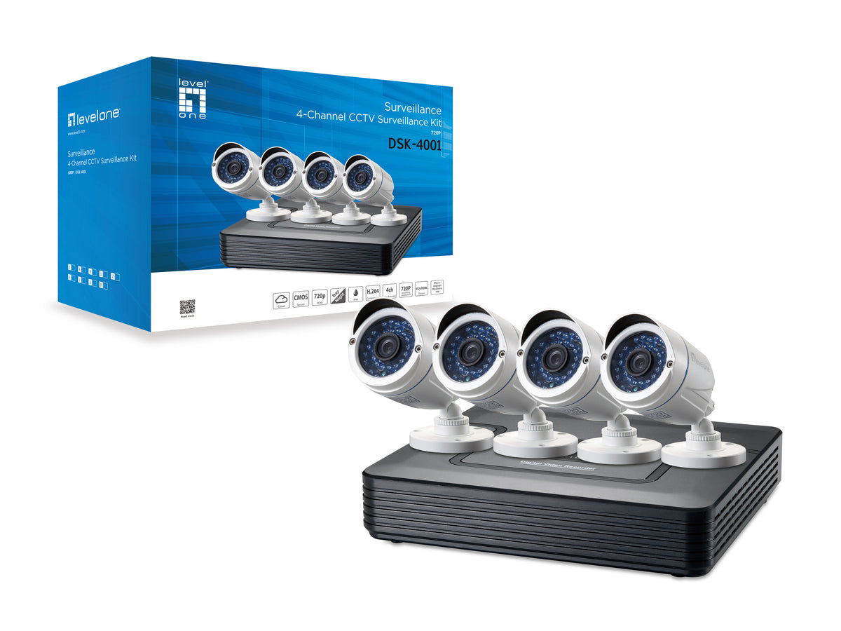 Kit videovigilancia 720p cctv level one 4 canales 4 camaras int - ext + grabador cables iluminacion LED (sin hd)