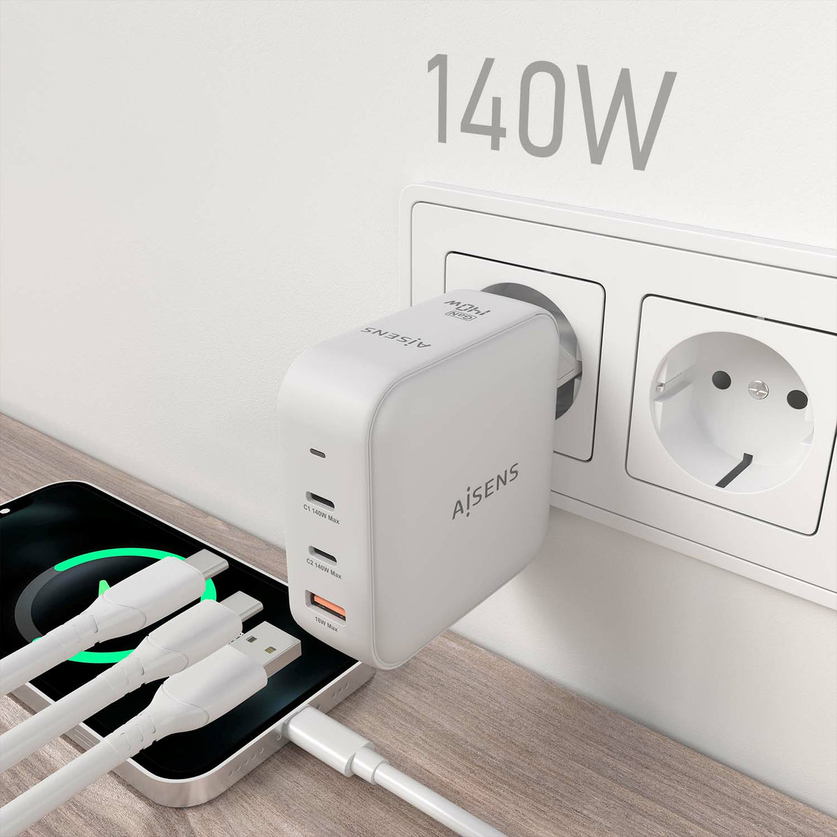 Cargador de Pared GaN Aisens ASCH-140W3P030-W/ 2xUSB Tipo-C/ 1xUSB/ 140W
