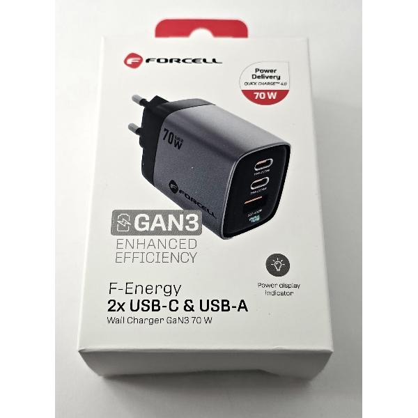 Cargador FORCELL F-Energy con 2 puertos Tipo C y 1 USB A PD QC4.0 SAM SFC2 3.45A 70W gris