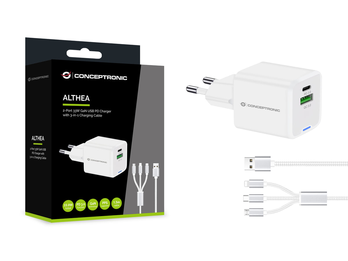 Cargador de pared Conceptronic althea16w 33w + cable USB 3.0 3 en 1 blanco