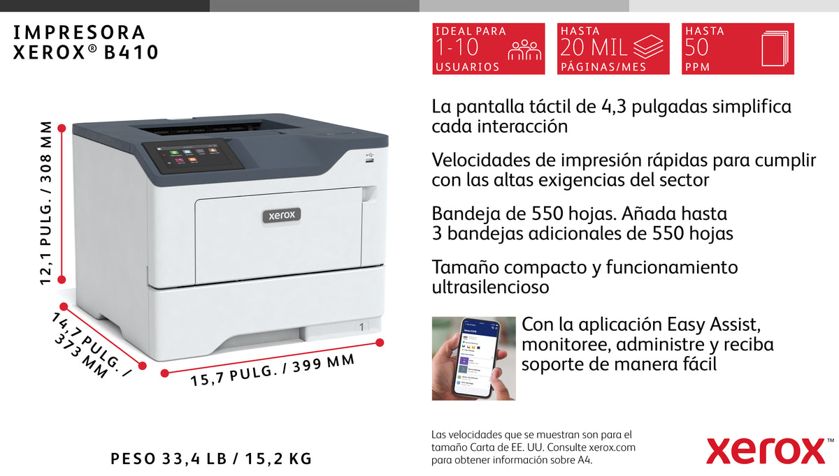 Impresora Xerox laser b410v_dn monocromo a4 · 47ppm · red · duplex